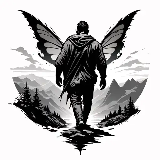 a man walking in a dark valley with light at the end with the words 'Surviving is winning. Everything else is fairy tale tattoo design idea