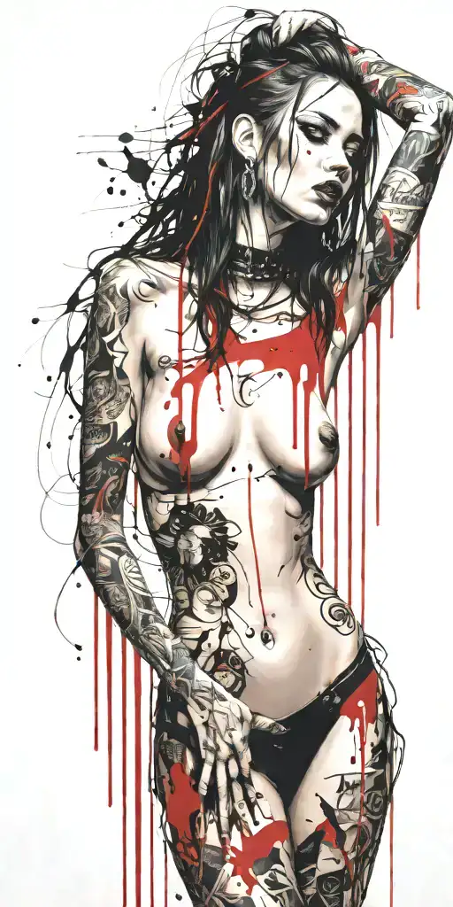 darkly alluring full nude goth girl rocking out tattoo design idea
