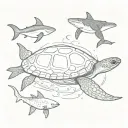 turtle on top of a manta ray and whale shark swimming tattoo design idea