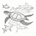 turtle on top of a manta ray and whale shark swimming tattoo design idea
