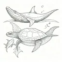 turtle on top of a manta ray and whale shark swimming tattoo design idea