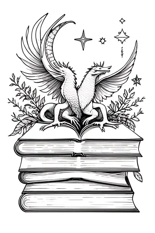 fantasy book upper arm sleeve. Include books, dragons and griffins, greenery and stars, and crescent moons plus tarots tattoo design idea