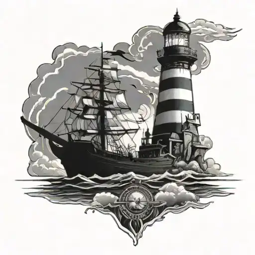 lighthouse that illuminates a galleon tattoo design idea