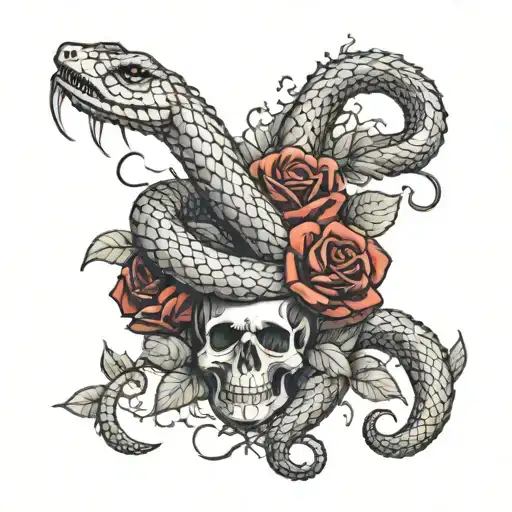 graveyard theme with a snake wrapped all around your forearm with red roses in the middle the snake opens its mouth wide tattoo design idea