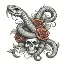 graveyard theme with a snake wrapped all around your forearm with red roses in the middle the snake opens its mouth wide tattoo design idea