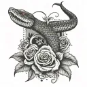 graveyard theme with a snake wrapped all around your forearm with red roses in the middle the snake opens its mouth wide tattoo design idea