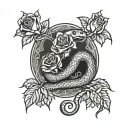 graveyard theme with a snake wrapped all around your forearm with red roses in the middle the snake opens its mouth wide tattoo design idea