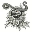 graveyard theme with a snake wrapped all around your forearm with red roses in the middle the snake opens its mouth wide tattoo design idea