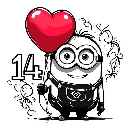 cute minion holding red heart ballon on string and number 14 on the ballon tattoo design idea