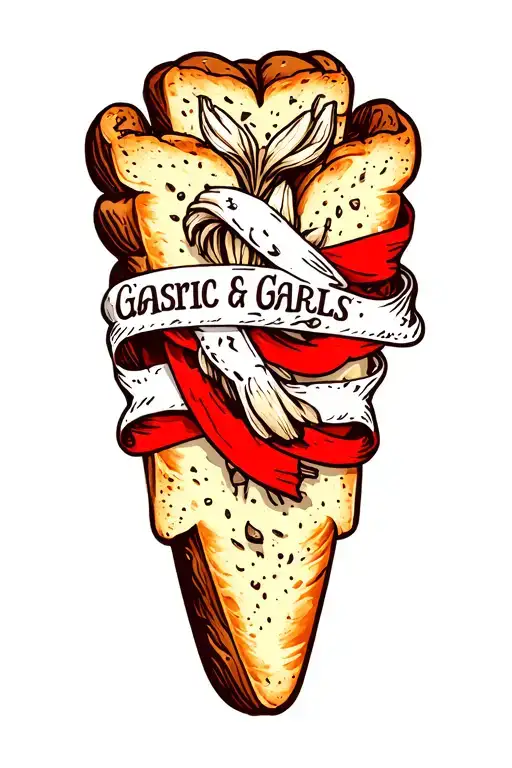 garlic bread with text on ribbon tattoo design idea