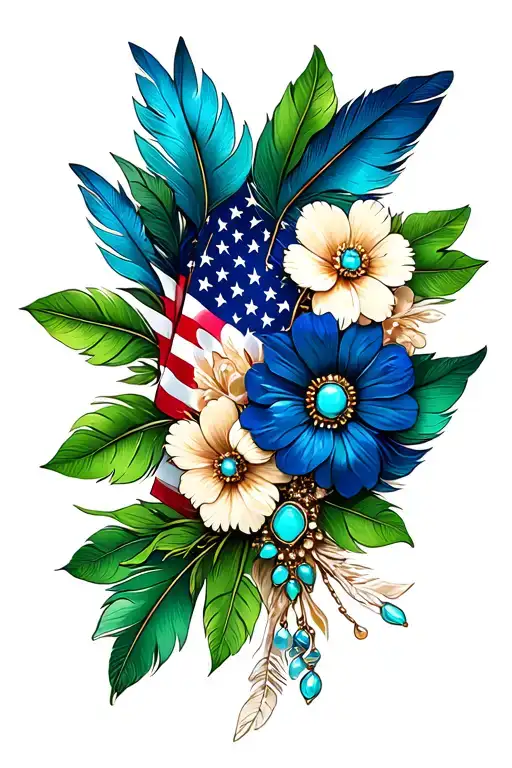 feathers, american flag, green leaves, one brooch turquoise jewelry, flowers,  tattoo design idea