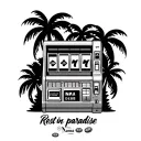 slot machine with scratch off at bottom silhouette palm trees coins "rest in paradise Nana Deb" tattoo design idea