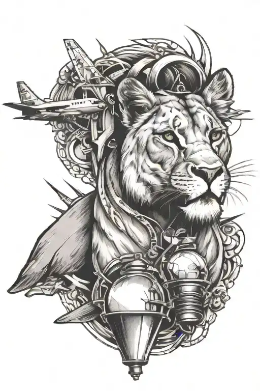 lioness and aircraft and light bulb tattoo design idea