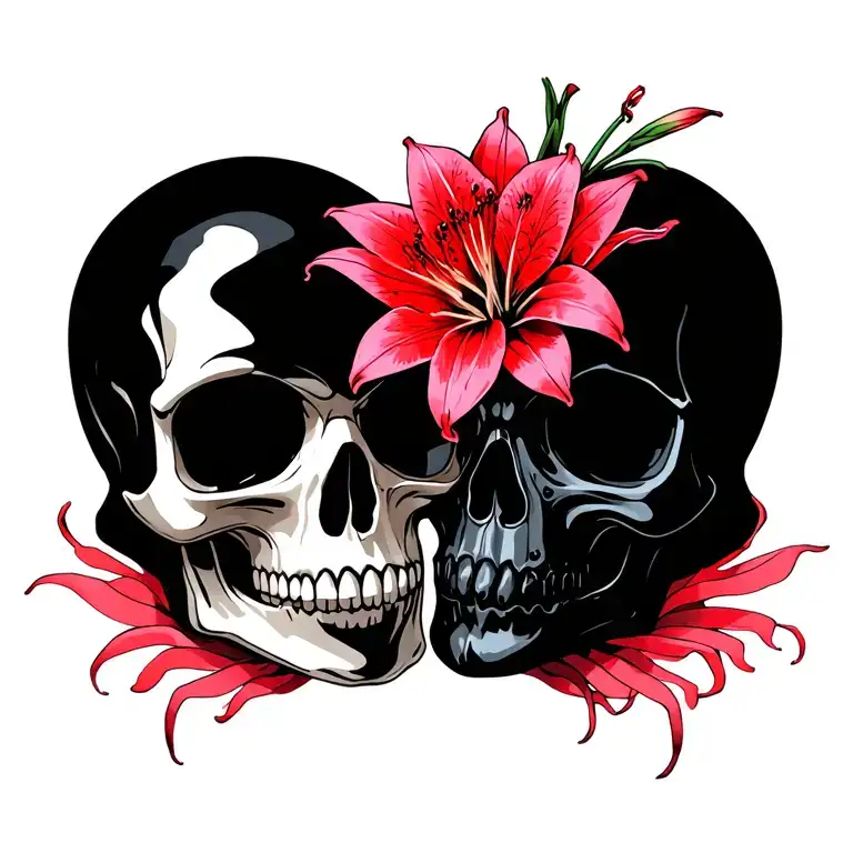 black and pink skull and red spider lily opposite directions tattoo design idea