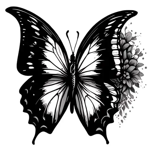 "Sketch of an atypical butterfly tattoo in black and white, in the style of a hand-drawn design tattoo design idea