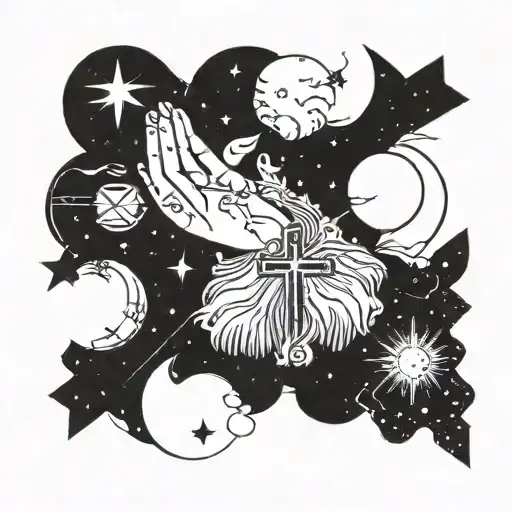 A celestial scene with a cosmic sky, stars, and planets, incorporating religious symbols like crosses or praying hands tattoo design idea
