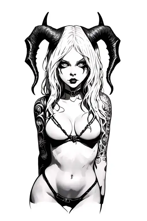 Sexy Pale Girl, Petite, Big Boobs, Wide Hips, G-string. Messy Hair, Demonic Horns, Sexual.... on hood, white eyes, mask tattoo design idea