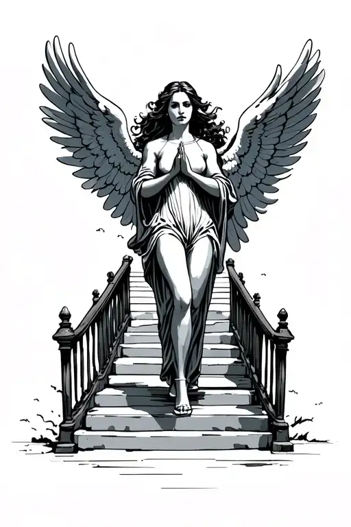 cinematic stairway to heaven woman walking angels clapping serene leaving earth walking into heaven tattoo design idea
