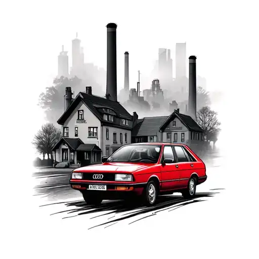 rectangular tattoo, a small town with private houses and a factory, a red Audi 80 car, the whole city in a faint fog, tattoo design idea