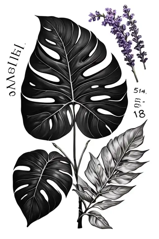 monstera leaf, banana leaf, lavander flower, random mixed plants leaves and stems, incorporating 5.14.18 in Roman numera tattoo design idea