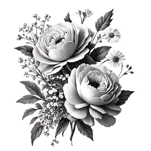 feminine realistic carnations, cabbage rose, peony, snap dragon, daisy, and babys breath tattoo design idea