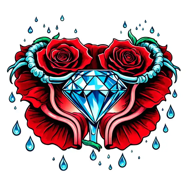 1 blue diamond in middle, red rose, rain drops, surrounded by ovaries fallopian tubes uterus vagin, fertility tattoo design idea
