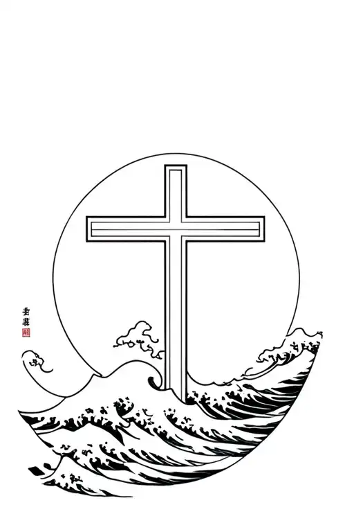 christian cross the great japanese wave forming the shape tattoo design idea