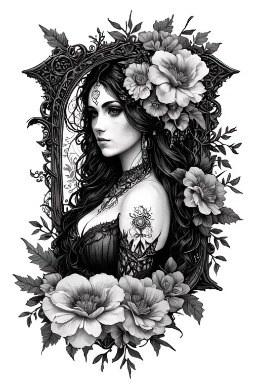Pagan lady with gothic frame boarder realism flowers tattoo design idea
