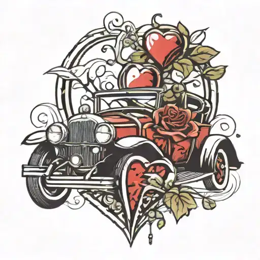 stained class heart shattering with old car coming out tattoo design idea