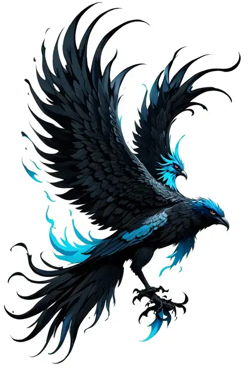 A majestic black phoenix with light blue highlights that spreading it wings. with flickering black flames surrounding it tattoo design idea