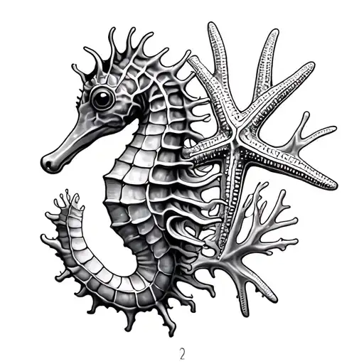 seahorse coral starfish tattoo design idea
