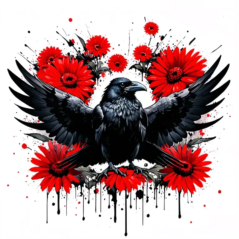 A raven with outstretched wings, red daisies in the background tattoo design idea