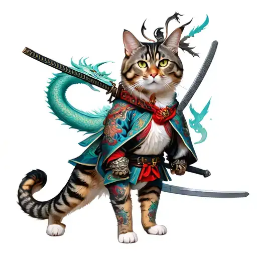 Japanese cat samurai in cyberpunk style, standing in full height, with a sword on his shoulder and a flying dragon around his body tattoo design idea