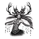 A stylized dancer with deer antlers decorated in feathers or beads.The dancer wearing the deer headdress mid-movement. tattoo design idea