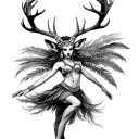 A stylized dancer with deer antlers decorated in feathers or beads.The dancer wearing the deer headdress mid-movement. tattoo design idea