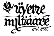 Handwritten script tattoo 'vivere militare est', full black ink, simple and elegant, suitable for the outer left arm. tattoo design idea