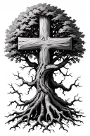 posion tree roots extending cross intertwined tattoo design idea