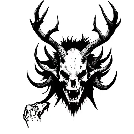Can you create a skull wendigo with jagged antlers and a terrifying expression in American traditional black and grey tattoo design idea