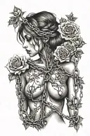 Silhouette of a girl naked anatomically correct breasts, roots growing out of chains, roses tattoo design idea