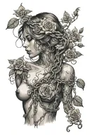 Silhouette of a girl naked anatomically correct breasts, roots growing out of chains, roses tattoo design idea