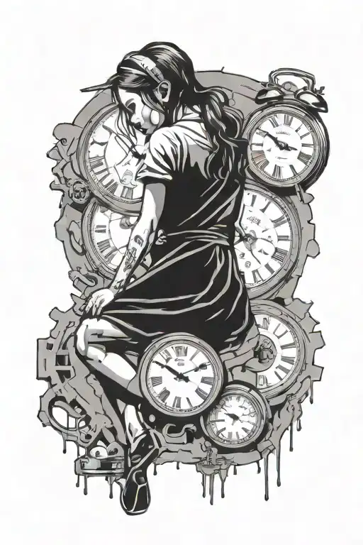 Banksy girl surrounded by melting clock tattoo design idea