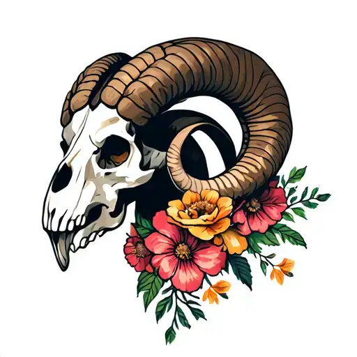 ram skull side profile with flowers wrapped tattoo design idea