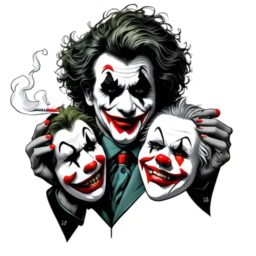 Joaquim Phenix joker, smoking a cigarette, holding two clown masks, one sad one happy tattoo design idea