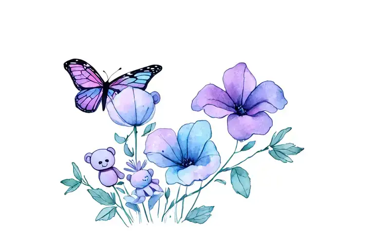 sweet pea flowers with butterflies and a teddy bear and a peanut tattoo design idea