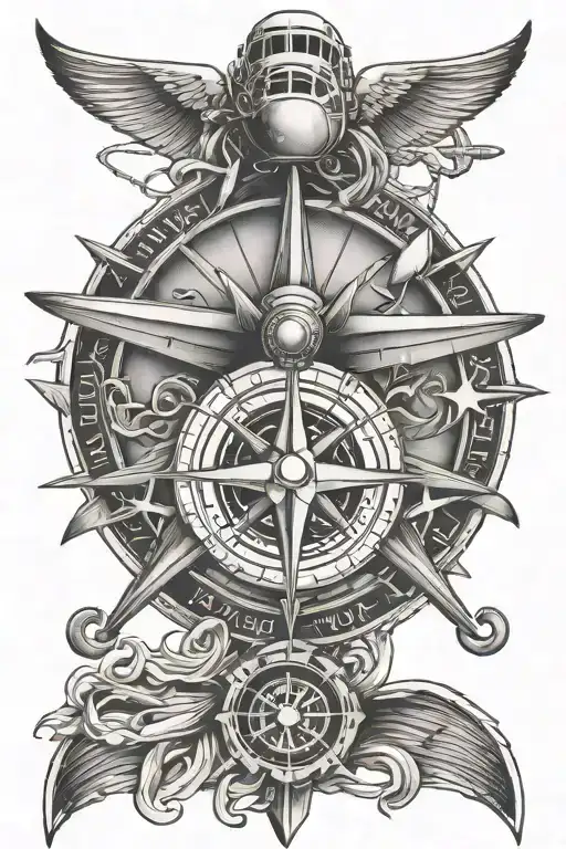 airplane prop with anchor and compass rose intertwined tattoo design idea