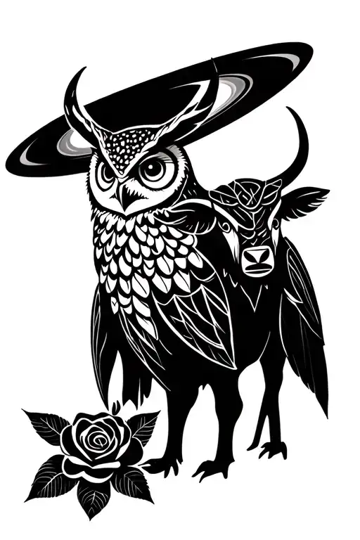 owl and ox and rose and saturn and palm tattoo design idea