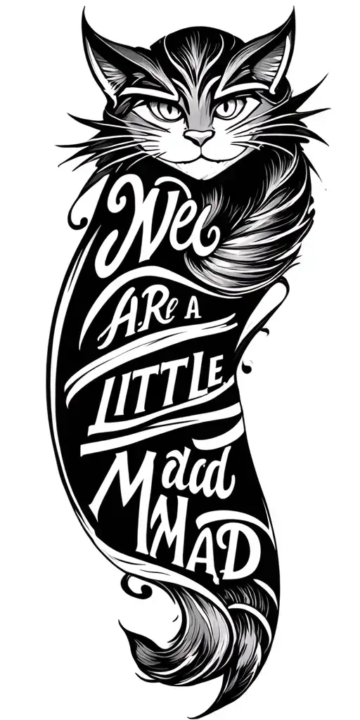 "We are all a little mad" disney cheshire cat tail wrap around arm from bicep to forearm  tattoo design idea
