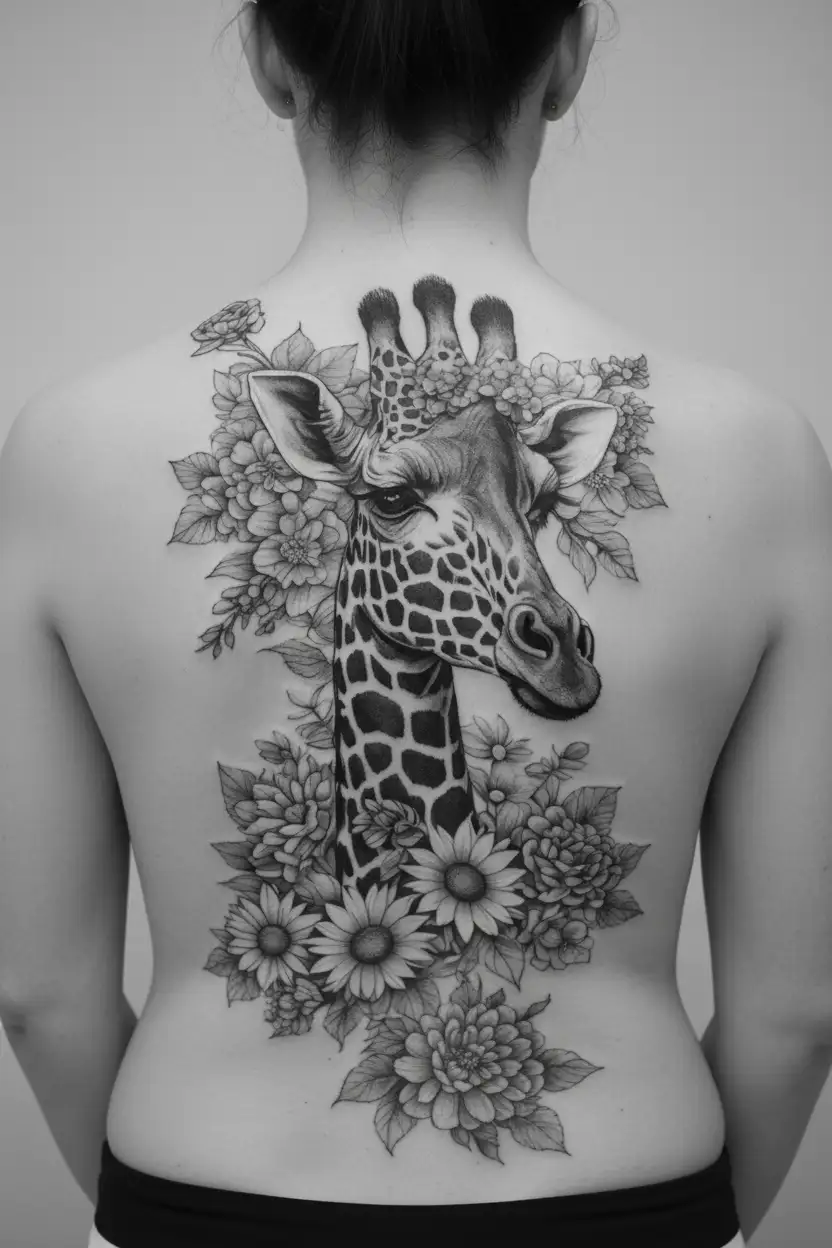 half giraffe face and neck with June and September birth flowers  tattoo design idea