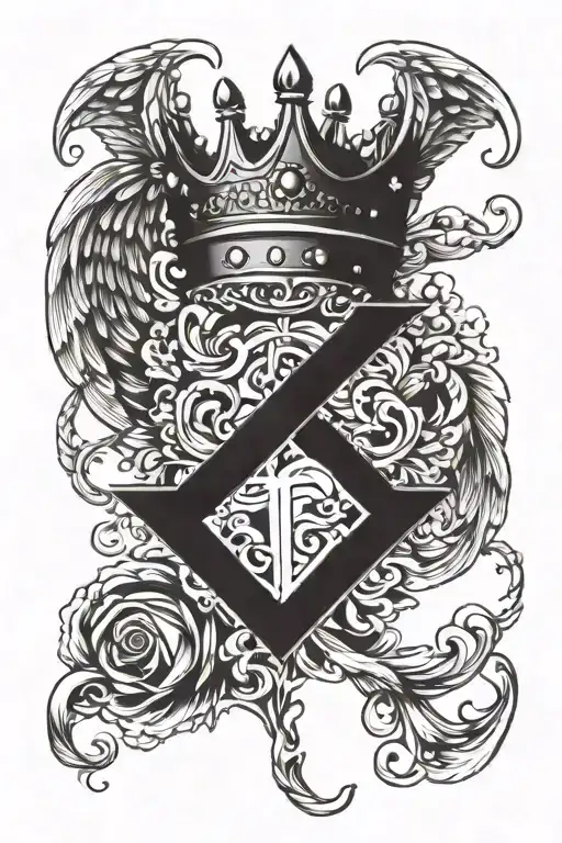 Letter E with a crown and angel wings tattoo design idea
