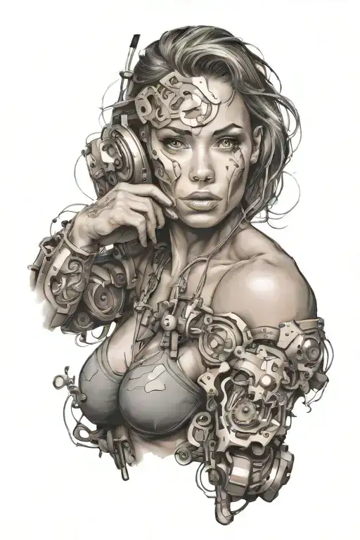 bodybuilding women with technology merging tattoo design idea